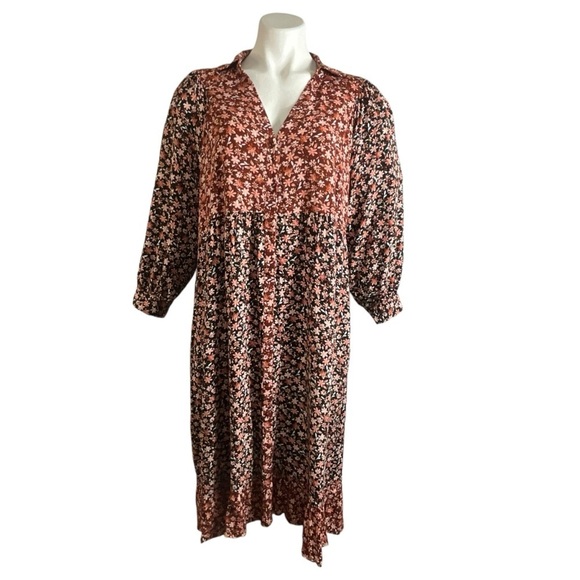 Zara Floral Printed Midi Mixed Pattern Balloon Sleeve Shirt Dress - Picture 9 of 16